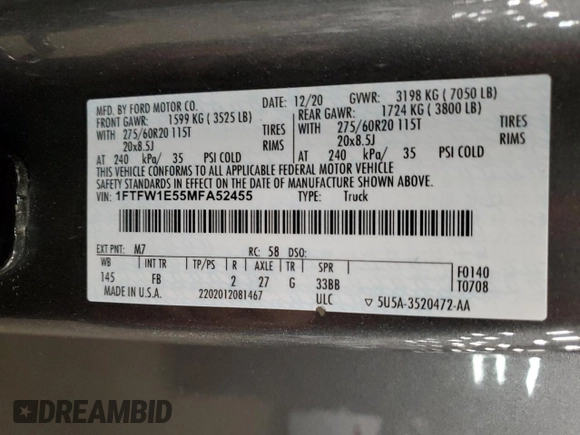 2021 Ford F-150 XL with VIN 1FTFW1E55MFA52455, listed as a Copart auction lot 57447905 with 93,373 mi miles and Salvage title. Bid and sale history available at DreamBid. Image 13.