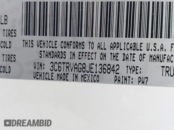 2018 Ram ProMaster Cargo with VIN 3C6TRVAG8JE136842, listed as a IAAI auction lot 41911718 with 125,801 mi miles and . Bid and sale history available at DreamBid. Image 9.