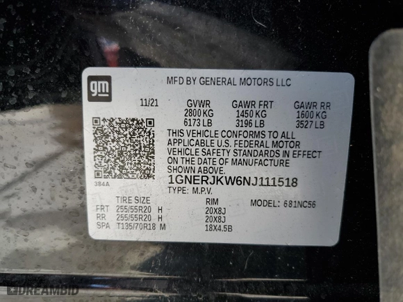 2022 Chevrolet Traverse RS with VIN 1GNERJKW6NJ111518, listed as a Copart auction lot 77961484 with 0 mi miles and Non Repairable. Bid and sale history available at carsss.com. Image 13.
