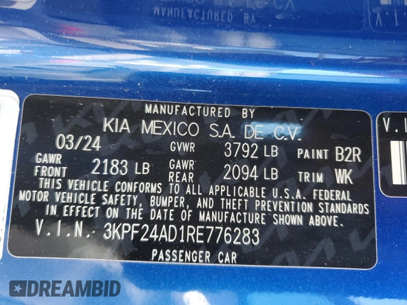 2024 Kia Forte LXS with VIN 3KPF24AD1RE776283, listed as a Copart auction lot 84562794 with 6,528 mi miles and Salvage Title. Bid and sale history available at carsss.com. Image 13.