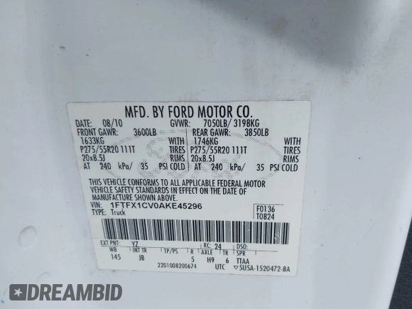 2010 Ford F-150 XL with VIN 1FTFX1CV0AKE45296, listed as a IAAI auction lot 41760317 with 208,459 mi miles. Bid and sale history available at carsss.com. Image 9.