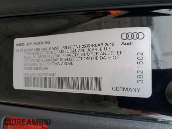 2023 Audi A5 Sportback S line Premium with VIN WAUDACF50PA012637, listed as a Copart auction lot 37794583 with Not provided miles and . Bid and sale history available at DreamBid. Image 12.