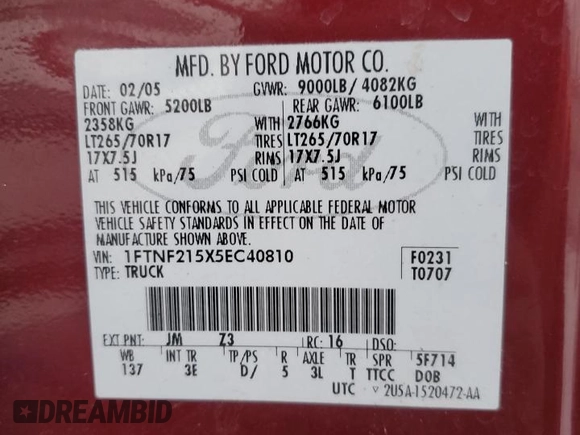 2005 Ford F-250 XL with VIN 1FTNF215X5EC40810, listed as a Copart auction lot 88820065 with 90,013 mi miles and Salvage Title. Bid and sale history available at DreamBid. Image 12.