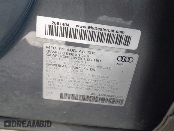 2013 Audi Q5 Premium Plus with VIN WA1LFAFP3DA032232, listed as a IAAI auction lot 41486752 with 154,388 mi miles. Bid and sale history available at carsss.com. Image 9.