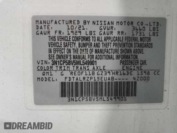 2021 Nissan Kicks S z VIN 3N1CP5BV5ML549901, wystawiony jako Copart lot #58055175 z przebiegiem 67 273 mil mil oraz Szkoda całkowita • Salvage title. Historia ofert i sprzedaży dostępna na DreamBid. Obrazek 13.
