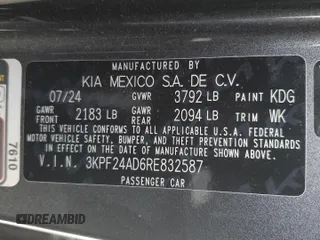 2024 Kia Forte LXS with VIN 3KPF24AD6RE832587, listed as a Copart auction lot 46154835 with 10,880 mi miles and Salvage Title. Bid and sale history available at DreamBid. Image 13.