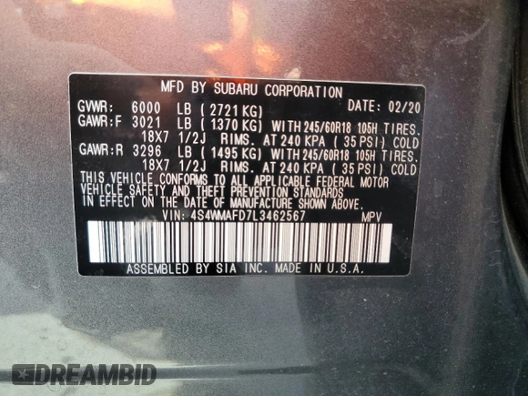 2020 Subaru Ascent Premium с VIN 4S4WMAFD7L3462567, выставлен на аукционе Copart как лот 54298435 с пробегом 86 116 миль миль и Списание • Salvage title. История ставок и продаж доступна на DreamBid. Изображение 13.