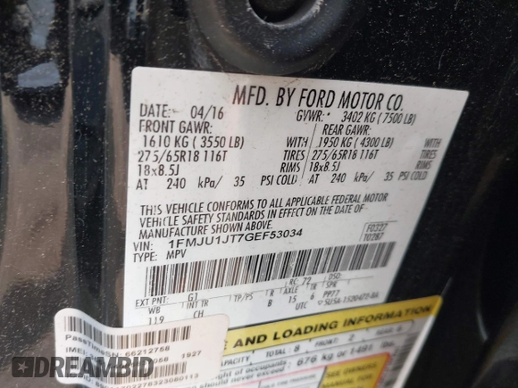 2016 Ford Expedition XLT with VIN 1FMJU1JT7GEF53034, listed as a IAAI auction lot 42683058 with 238,469 mi miles and . Bid and sale history available at DreamBid. Image 9.