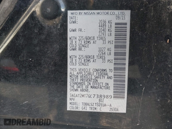 2016 Nissan Rogue SV with VIN 5N1AT2MT7GC738989, listed as a IAAI auction lot 41434425 with 166,021 mi miles. Bid and sale history available at carsss.com. Image 9.