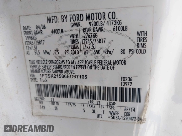 2006 Ford F-250 XL with VIN 1FTSX21586ED67105, listed as a IAAI auction lot 42564228 with 160,201 mi miles and . Bid and sale history available at DreamBid. Image 9.