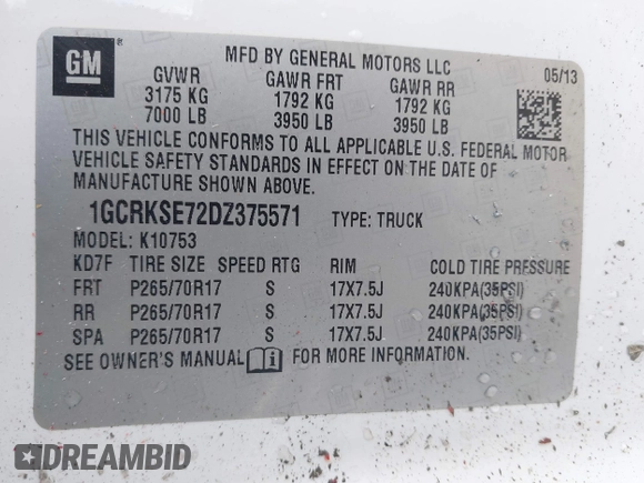 2013 Chevrolet Silverado 1500 LT with VIN 1GCRKSE72DZ375571, listed as a IAAI auction lot 41935839 with 81,696 mi miles and . Bid and sale history available at DreamBid. Image 9.
