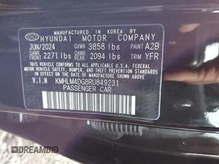 2024 Hyundai Elantra SEL with VIN KMHLM4DG8RU849231, listed as a IAAI auction lot 40867879 with 763 mi miles and . Bid and sale history available at DreamBid. Image 9.