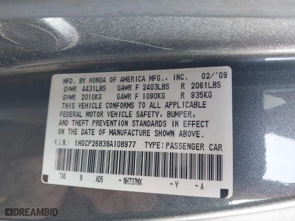 2009 Honda Accord Sdn EX-L with VIN 1HGCP26839A108977, listed as a IAAI auction lot 41791067 with 150,104 mi miles. Bid and sale history available at carsss.com. Image 9.