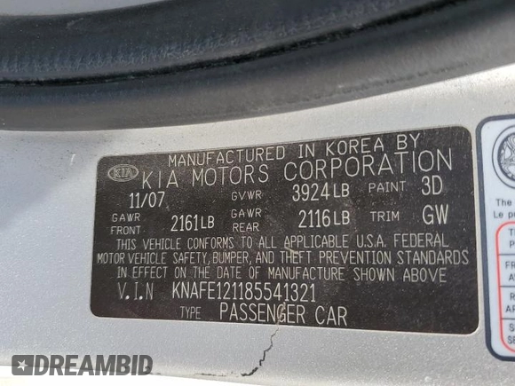 2008 Kia Spectra EX z VIN KNAFE121185541321, wystawiony jako Copart lot #55216295 z przebiegiem 120 833 mil mil oraz Szkoda całkowita • Salvage title. Historia ofert i sprzedaży dostępna na DreamBid. Obrazek 12.