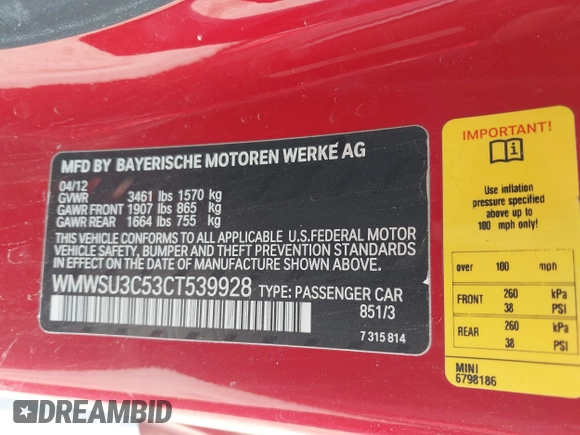 2012 MINI Hardtop с VIN WMWSU3C53CT539928, выставлен на аукционе IAAI как лот 42060966 с пробегом 147 343 миль миль и . История ставок и продаж доступна на DreamBid. Изображение 9.