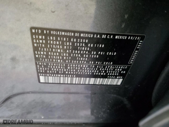 2021 Volkswagen Tiguan S with VIN 3VV1B7AX8MM010816, listed as a Copart auction lot 45718545 with 75,384 mi miles and Salvage Title. Bid and sale history available at carsss.com. Image 15.