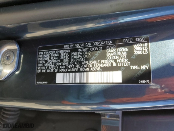 2021 Volvo XC90 Inscription with VIN YV4A22PLXM1697040, listed as a Copart auction lot 45976255 with 52,039 mi miles and Salvage Title. Bid and sale history available at carsss.com. Image 13.