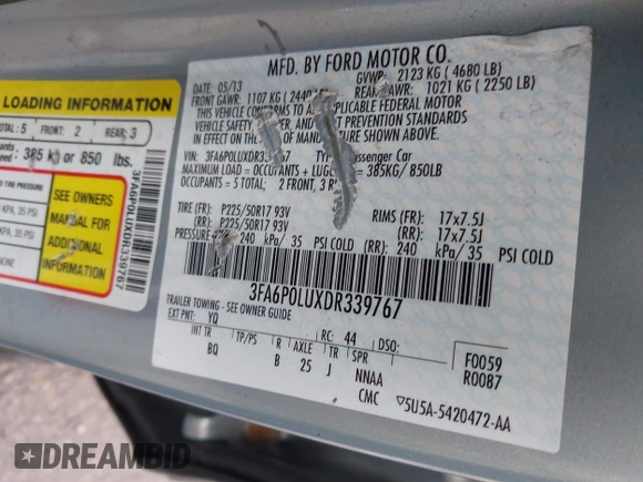 2013 Ford Fusion SE Hybrid with VIN 3FA6P0LUXDR339767, listed as a IAAI auction lot 41920621 with 135,274 mi miles. Bid and sale history available at carsss.com. Image 9.
