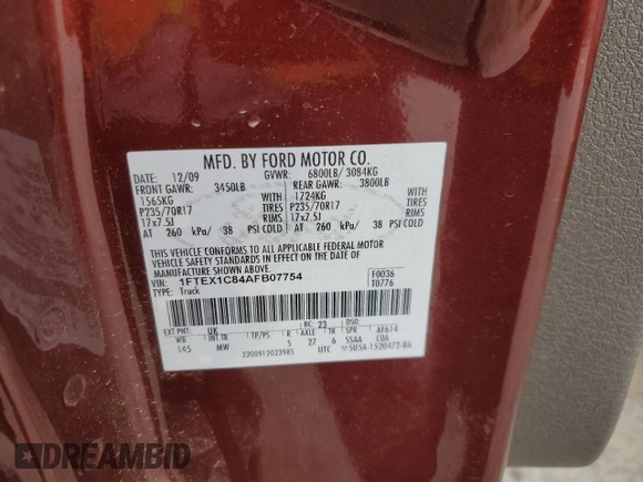 2010 Ford F-150 XL with VIN 1FTEX1C84AFB07754, listed as a Copart auction lot 55527995 with 236,226 mi miles and Salvage title. Bid and sale history available at DreamBid. Image 12.