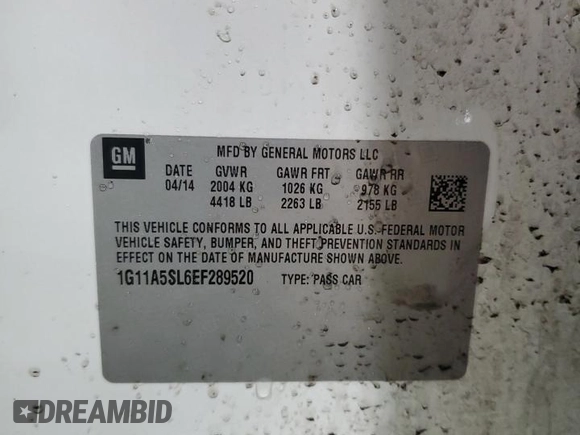 2014 Chevrolet Malibu LS with VIN 1G11A5SL6EF289520, listed as a Copart auction lot 46456805 with 143,016 mi miles and Salvage Title. Bid and sale history available at DreamBid. Image 12.