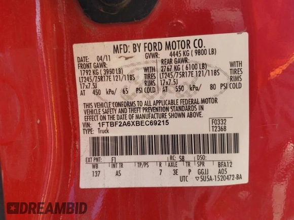 2011 Ford F-250 XL with VIN 1FTBF2A6XBEC69215, listed as a Copart auction lot 45609265 with 203,364 mi miles and Salvage title. Bid and sale history available at DreamBid. Image 12.