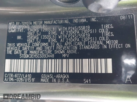 2012 Toyota Highlander Limited with VIN 5TDDK3EH5CS093448, listed as a IAAI auction lot 41777366 with 120,930 mi miles and . Bid and sale history available at DreamBid. Image 9.