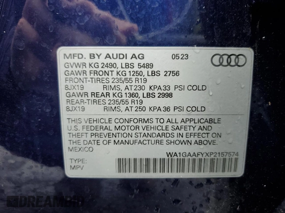 2023 Audi Q5 S line Premium with VIN WA1GAAFYXP2157574, listed as a Copart auction lot 55911315 with 17,830 mi miles and Salvage title. Bid and sale history available at DreamBid. Image 13.