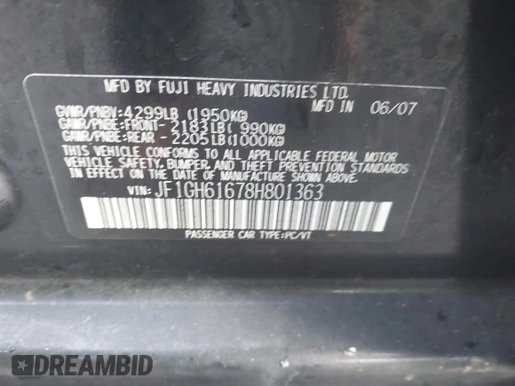 2008 Subaru Impreza i с VIN JF1GH61678H801363, выставлен на аукционе IAAI как лот 41186658 с пробегом 182 869 миль миль и . История ставок и продаж доступна на DreamBid. Изображение 9.