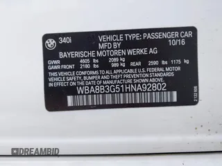 2017 BMW 3 Series 340i with VIN WBA8B3G51HNA92802, listed as a IAAI auction lot 41311483 with 76,904 mi miles and . Bid and sale history available at DreamBid. Image 9.