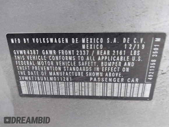2020 Volkswagen Jetta GLI S z VIN 3VW6T7BU9LM011281, wystawiony jako IAAI lot #41576884 z przebiegiem 66 252 mil mil oraz . Historia ofert i sprzedaży dostępna na DreamBid. Obrazek 9.