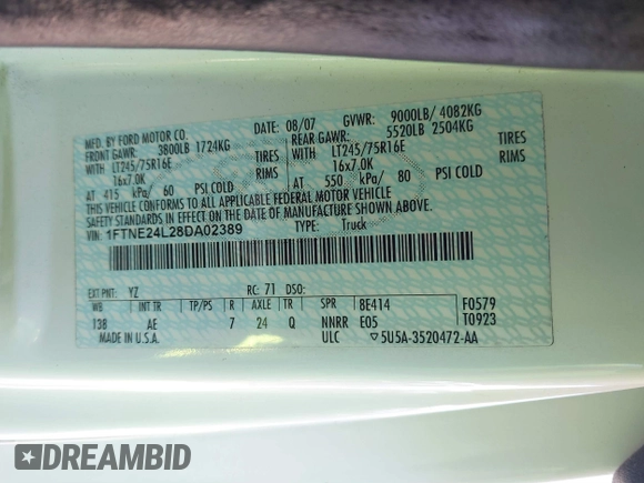 2008 Ford Econoline Cargo Commercial with VIN 1FTNE24L28DA02389, listed as a IAAI auction lot 41850693 with 243,259 mi miles and . Bid and sale history available at DreamBid. Image 9.
