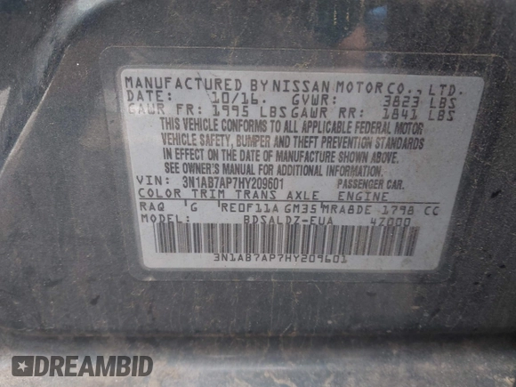 2017 Nissan Sentra SV with VIN 3N1AB7AP7HY209601, listed as a IAAI auction lot 42726616 with 144,279 mi miles and . Bid and sale history available at DreamBid. Image 9.