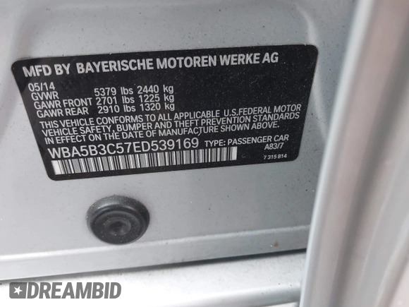 2014 BMW 5 Series 535i xDrive with VIN WBA5B3C57ED539169, listed as a IAAI auction lot 41892006 with 131,303 mi miles and . Bid and sale history available at carsss.com. Image 9.