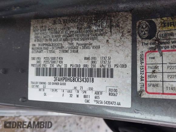 2012 Ford Fusion SE with VIN 3FAHP0HG8CR343018, listed as a IAAI auction lot 42179009 with 99,531 mi miles and . Bid and sale history available at DreamBid. Image 9.