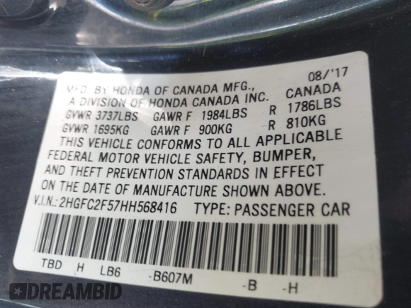 2017 Honda Civic Sedan LX with VIN 2HGFC2F57HH568416, listed as a IAAI auction lot 41812251 with 160,936 mi miles. Bid and sale history available at carsss.com. Image 9.