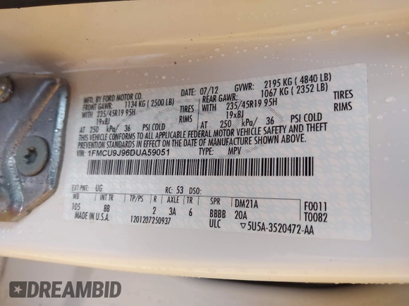 2013 Ford Escape Titanium z VIN 1FMCU9J96DUA59051, wystawiony jako IAAI lot #42628711 z przebiegiem Nie podano mil oraz . Historia ofert i sprzedaży dostępna na DreamBid. Obrazek 9.