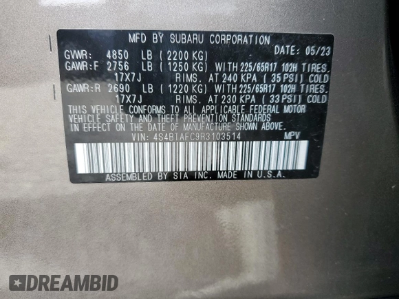 2024 Subaru Outback Premium with VIN 4S4BTAFC9R3103514, listed as a Copart auction lot 58248755 with 22,538 mi miles and Salvage title. Bid and sale history available at DreamBid. Image 13.