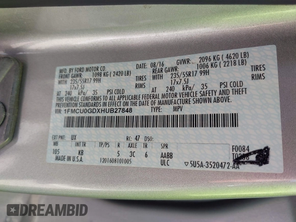 2017 Ford Escape SE with VIN 1FMCU0GDXHUB27848, listed as a IAAI auction lot 42047589 with 128,823 mi miles. Bid and sale history available at carsss.com. Image 9.
