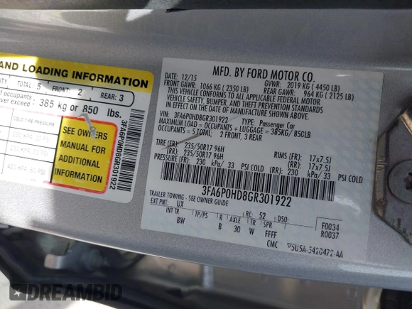 2016 Ford Fusion SE with VIN 3FA6P0HD8GR301922, listed as a IAAI auction lot 42760786 with 175,334 mi miles and . Bid and sale history available at DreamBid. Image 9.