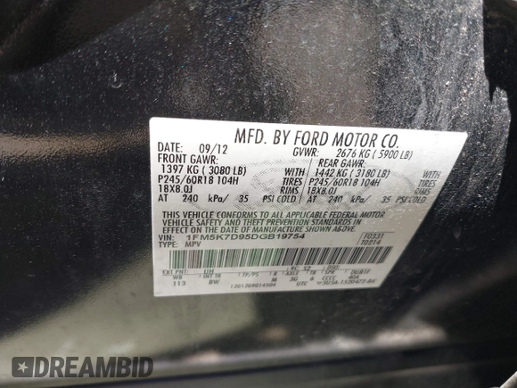 2013 Ford Explorer XLT with VIN 1FM5K7D95DGB19754, listed as a IAAI auction lot 42674742 with 232,889 mi miles and . Bid and sale history available at DreamBid. Image 9.