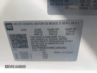 2022 GMC Sierra 1500 Limited SLT with VIN 3GTP8DEDXNG195361, listed as a IAAI auction lot 41454520 with 56,604 mi miles. Bid and sale history available at carsss.com. Image 9.