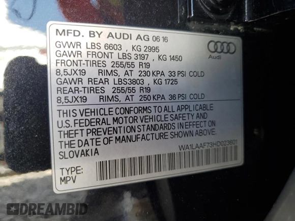 2017 Audi Q7 Premium Plus with VIN WA1LAAF73HD023601, listed as a Copart auction lot 55184215 with 73,379 mi miles and Clean Title. Bid and sale history available at DreamBid. Image 12.