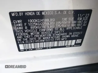 2024 Honda HR-V Sport with VIN 3CZRZ1H53RM732713, listed as a IAAI auction lot 42290527 with 10,332 mi miles and . Bid and sale history available at DreamBid. Image 9.