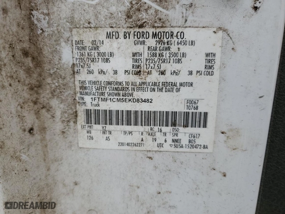 2014 Ford F-150 XL with VIN 1FTMF1CM5EKD83482, listed as a Copart auction lot 43123885 with 0 mi miles and Salvage Title. Bid and sale history available at carsss.com. Image 12.