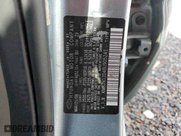 2008 Hyundai Tucson SE with VIN KM8JN12D48U905241, listed as a Copart auction lot 55388775 with 156,970 mi miles and Salvage Title. Bid and sale history available at DreamBid. Image 13.
