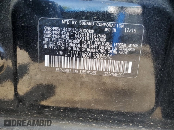 2020 Subaru WRX z VIN JF1VA1A69L9809644, wystawiony jako Copart lot #54569355 z przebiegiem 40 053 mil mil oraz Szkoda całkowita • Salvage title. Historia ofert i sprzedaży dostępna na DreamBid. Obrazek 12.