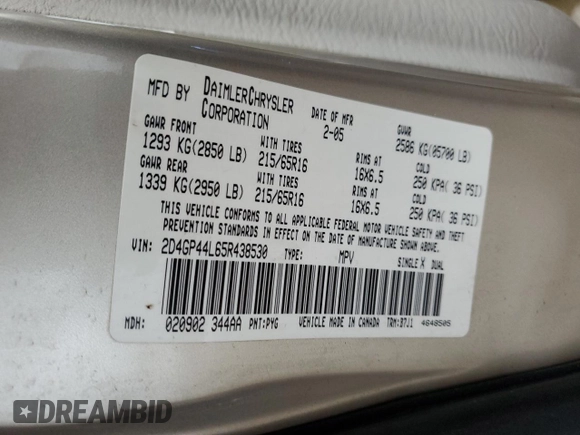 2005 Dodge Caravan SXT with VIN 2D4GP44L65R438530, listed as a Copart auction lot 63415955 with 220,852 mi miles and Salvage title. Bid and sale history available at DreamBid. Image 13.