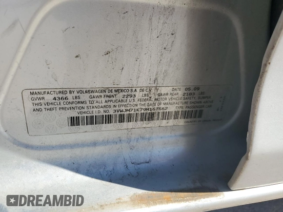 2009 Volkswagen Jetta S z VIN 3VWJM71K79M167562, wystawiony jako Copart lot #80546594 z przebiegiem 196 891 mil mil oraz Szkoda całkowita • Salvage title. Historia ofert i sprzedaży dostępna na DreamBid. Obrazek 12.