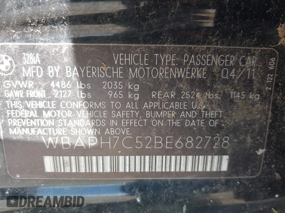 2011 BMW 3 Series 328i с VIN WBAPH7C52BE682728, выставлен на аукционе IAAI как лот 42365234 с пробегом Не указан миль и . История ставок и продаж доступна на DreamBid. Изображение 9.