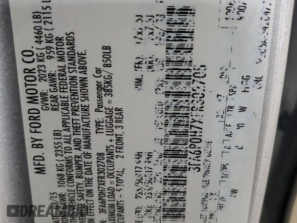 2015 Ford Fusion SE with VIN 3FA6P0H7XFR302708, listed as a Copart auction lot 55092865 with 129,284 mi miles and Salvage title. Bid and sale history available at DreamBid. Image 12.